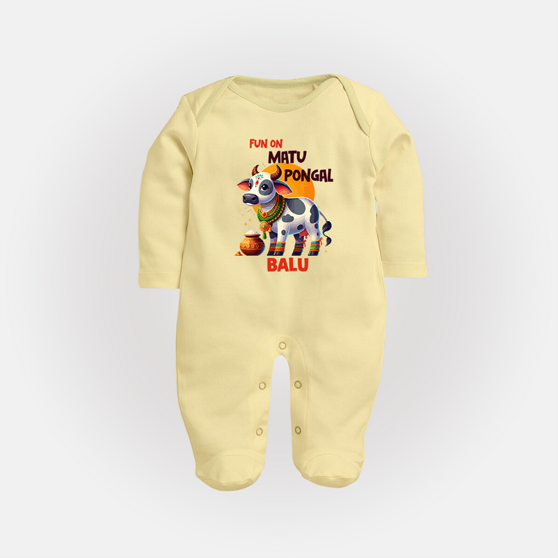 "Fun on the Festival - Customized Sleep Suit for Babies with Name" - PASTEL YELLOW - New Born (Chest 7.5")