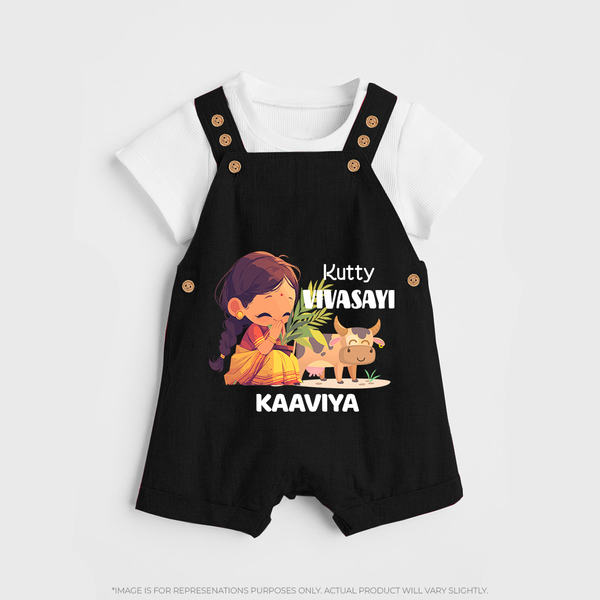 "Happy Mattu Pongal - Kutty Vivasayi Customized Dungaree Set for Kids with Name" - BLACK - 0 - 5 Months Old (Chest 18")