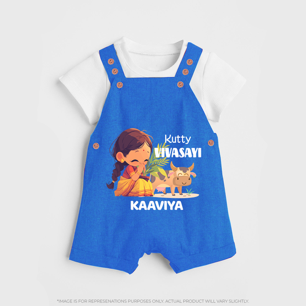 "Happy Mattu Pongal - Kutty Vivasayi Customized Dungaree Set for Kids with Name" - COBALT BLUE - 0 - 5 Months Old (Chest 18")