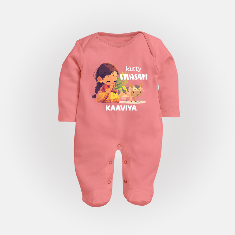 "Happy Mattu Pongal - Kutty Vivasayi Customized Sleep Suit for Babies with Name" - PEACH - New Born (Chest 7.5")