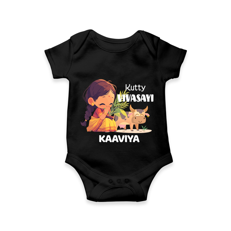 "Happy Mattu Pongal - Kutty Vivasayi Customized Romper for Babies with Name" - BLACK - 0 - 3 Months Old (Chest 16")