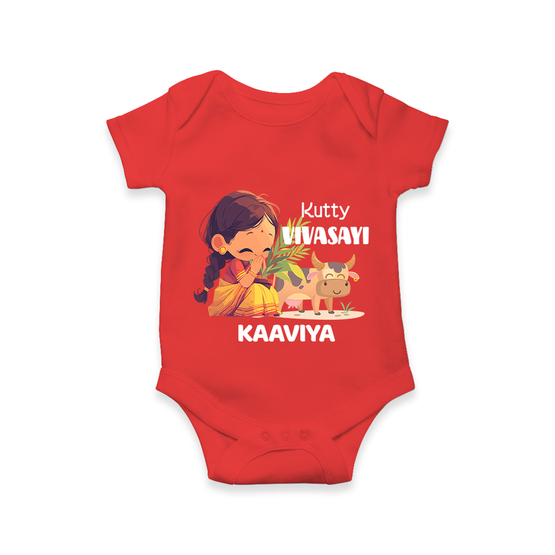 "Happy Mattu Pongal - Kutty Vivasayi Customized Romper for Babies with Name" - RED - 0 - 3 Months Old (Chest 16")