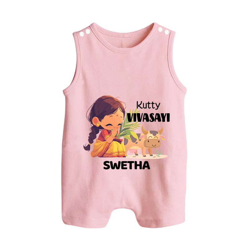 "Happy Mattu Pongal - Kutty Vivasayi Customized Romper Suit for Babies with Name" - BABY PINK - 0 - 5 Months Old (Chest 18")