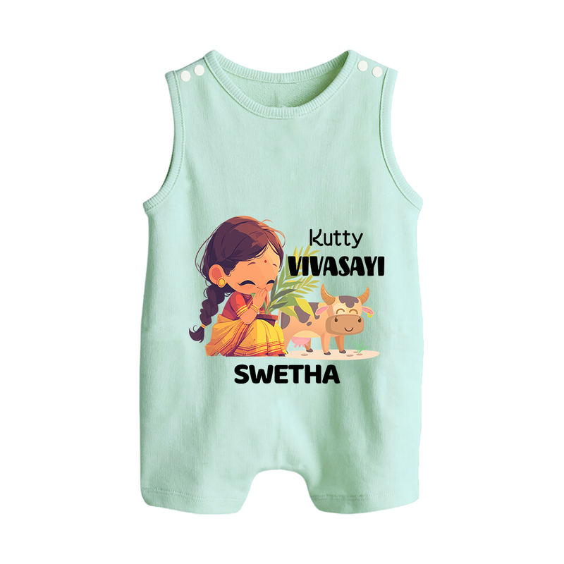 "Happy Mattu Pongal - Kutty Vivasayi Customized Romper Suit for Babies with Name" - MINT GREEN - 0 - 5 Months Old (Chest 18")