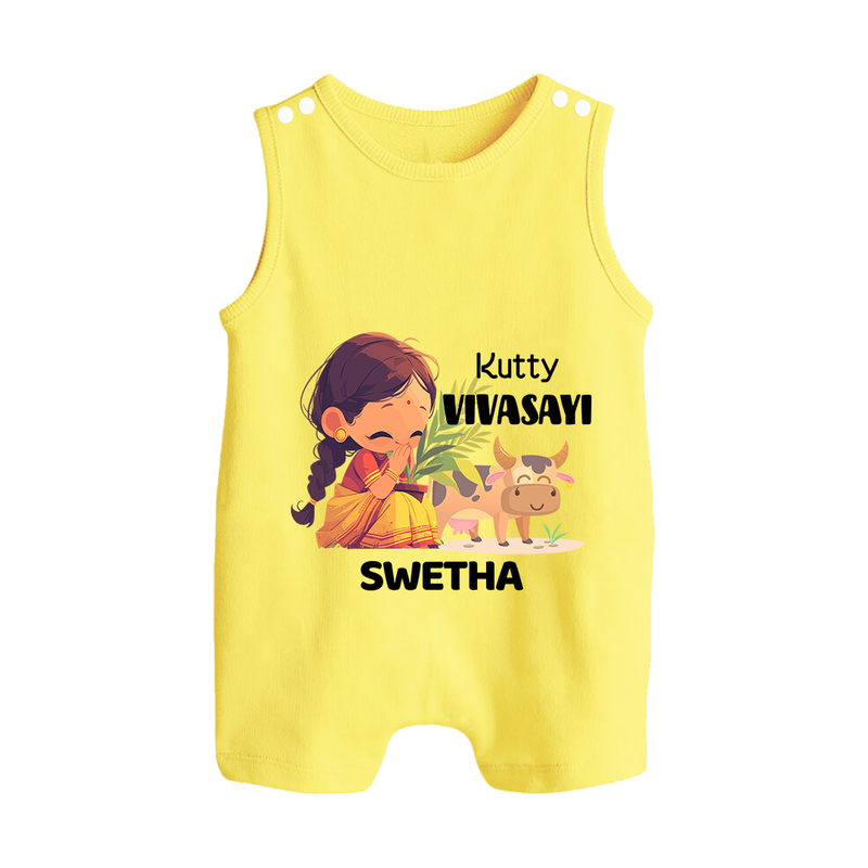 "Happy Mattu Pongal - Kutty Vivasayi Customized Romper Suit for Babies with Name" - PASTEL YELLOW - 0 - 5 Months Old (Chest 18")