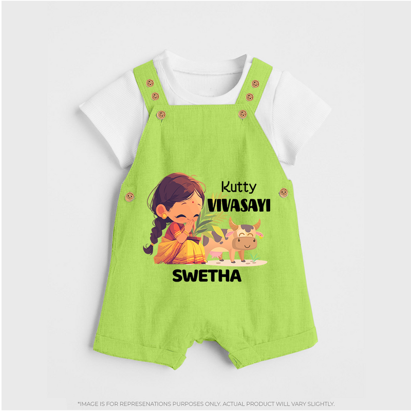 "Happy Mattu Pongal - Kutty Vivasayi Customized Dungaree Set for Kids with Name" - GREEN - 0 - 5 Months Old (Chest 18")