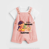 "Happy Mattu Pongal - Kutty Vivasayi Customized Dungaree Set for Kids with Name" - PEACH - 0 - 5 Months Old (Chest 18")