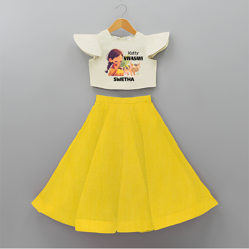 "Happy Mattu Pongal - Kutty Vivasayi Customized Crop Top and Skirt for Girls with Name" - YELLOW - 6 - 9 Months Old (Chest 20" , Frock Waist 20")