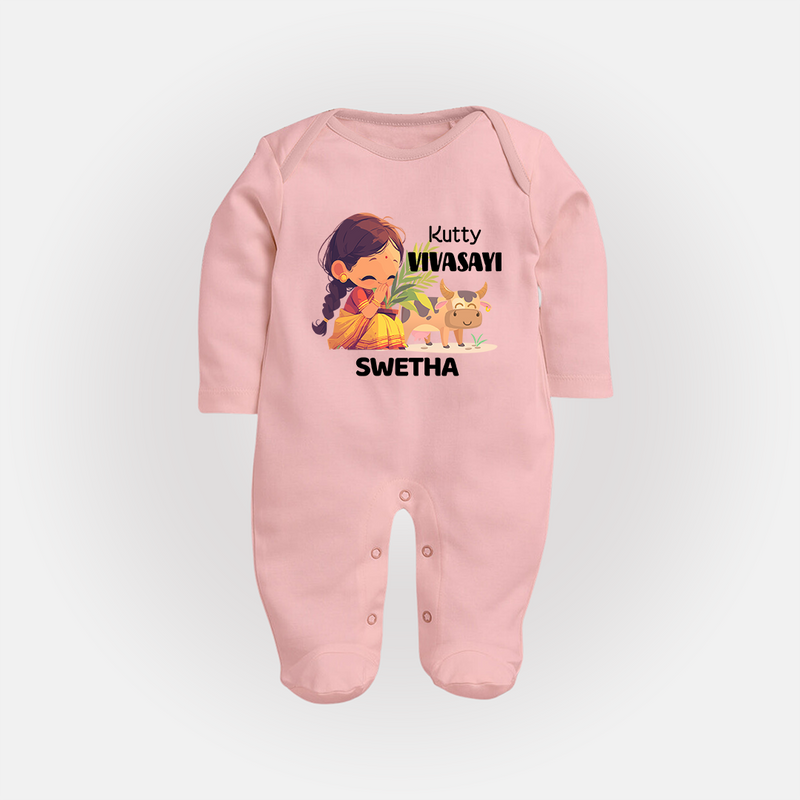 "Happy Mattu Pongal - Kutty Vivasayi Customized Sleep Suit for Babies with Name" - BABY PINK - New Born (Chest 7.5")