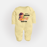 "Happy Mattu Pongal - Kutty Vivasayi Customized Sleep Suit for Babies with Name" - PASTEL YELLOW - New Born (Chest 7.5")