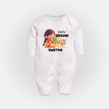 "Happy Mattu Pongal - Kutty Vivasayi Customized Sleep Suit for Babies with Name" - WHITE - New Born (Chest 7.5")