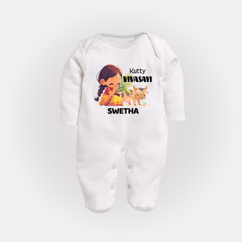 "Happy Mattu Pongal - Kutty Vivasayi Customized Sleep Suit for Babies with Name" - WHITE - New Born (Chest 7.5")