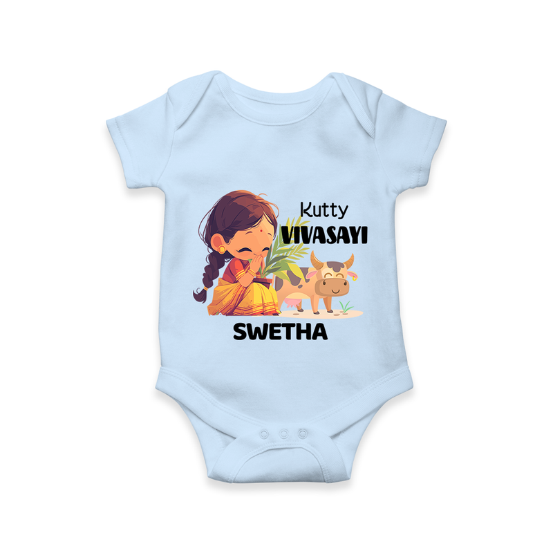 "Happy Mattu Pongal - Kutty Vivasayi Customized Romper for Babies with Name" - BABY BLUE - 0 - 3 Months Old (Chest 16")