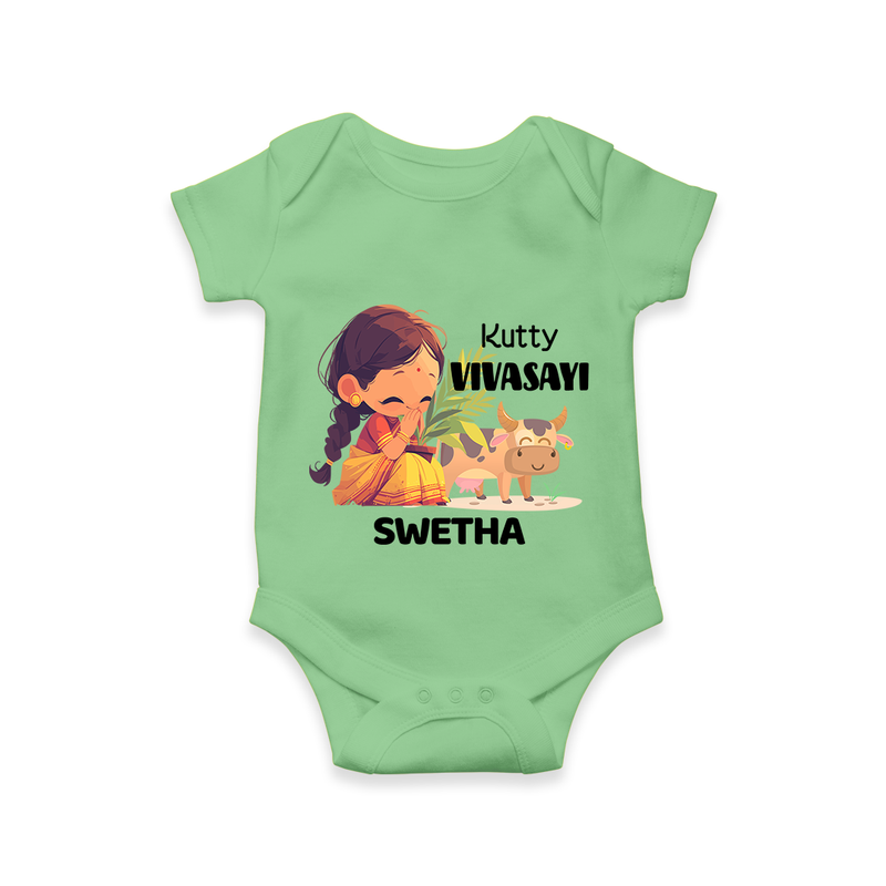 "Happy Mattu Pongal - Kutty Vivasayi Customized Romper for Babies with Name" - GREEN - 0 - 3 Months Old (Chest 16")