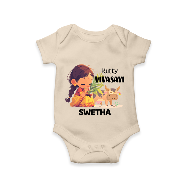 "Happy Mattu Pongal - Kutty Vivasayi Customized Romper for Babies with Name" - IVORY - 0 - 3 Months Old (Chest 16")