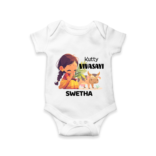 "Happy Mattu Pongal - Kutty Vivasayi Customized Romper for Babies with Name" - WHITE - 0 - 3 Months Old (Chest 16")