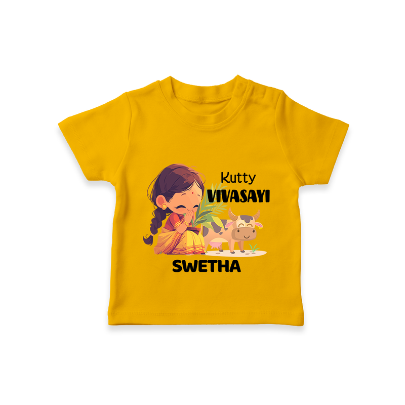 "Happy Mattu Pongal - Kutty Vivasayi Customized T-shirt for Kids with Name" - CHROME YELLOW - 0-5 Months Old (Chest 17")