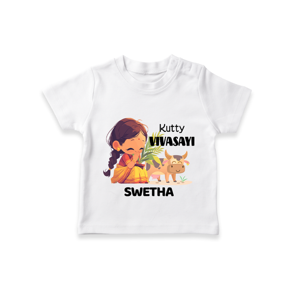 "Happy Mattu Pongal - Kutty Vivasayi Customized T-shirt for Kids with Name" - WHITE - 0-5 Months Old (Chest 17")