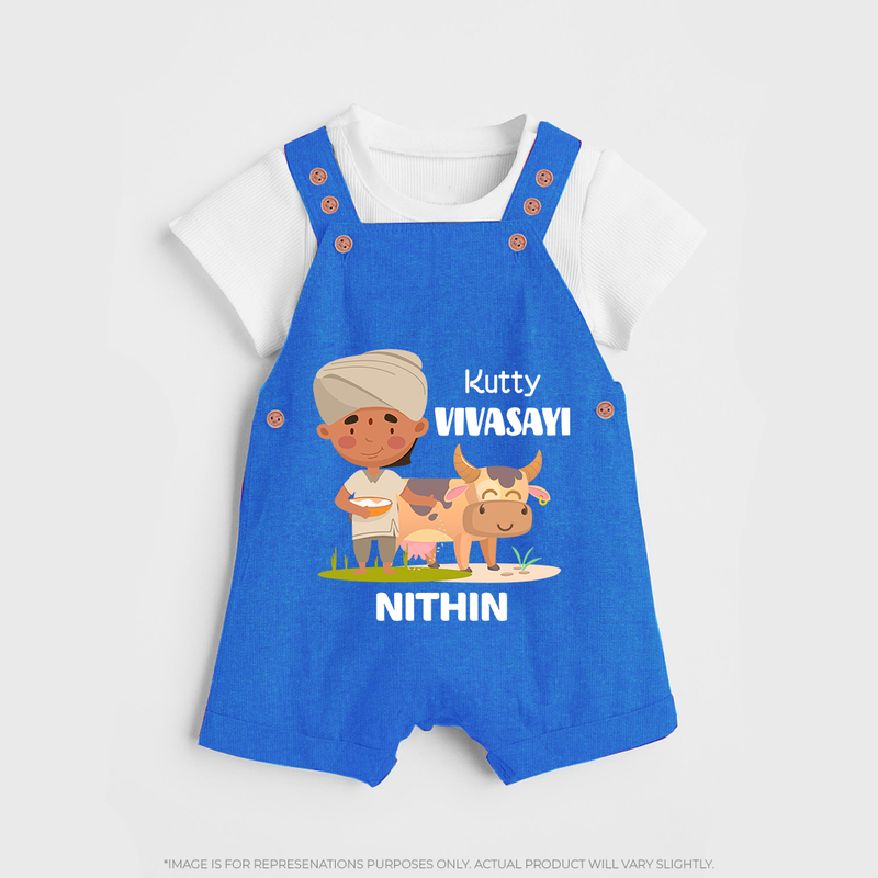 "Happy Mattu Pongal - Little Farmer-Themed Customized Dungaree Set for Kids with Name" - COBALT BLUE - 0 - 5 Months Old (Chest 18")