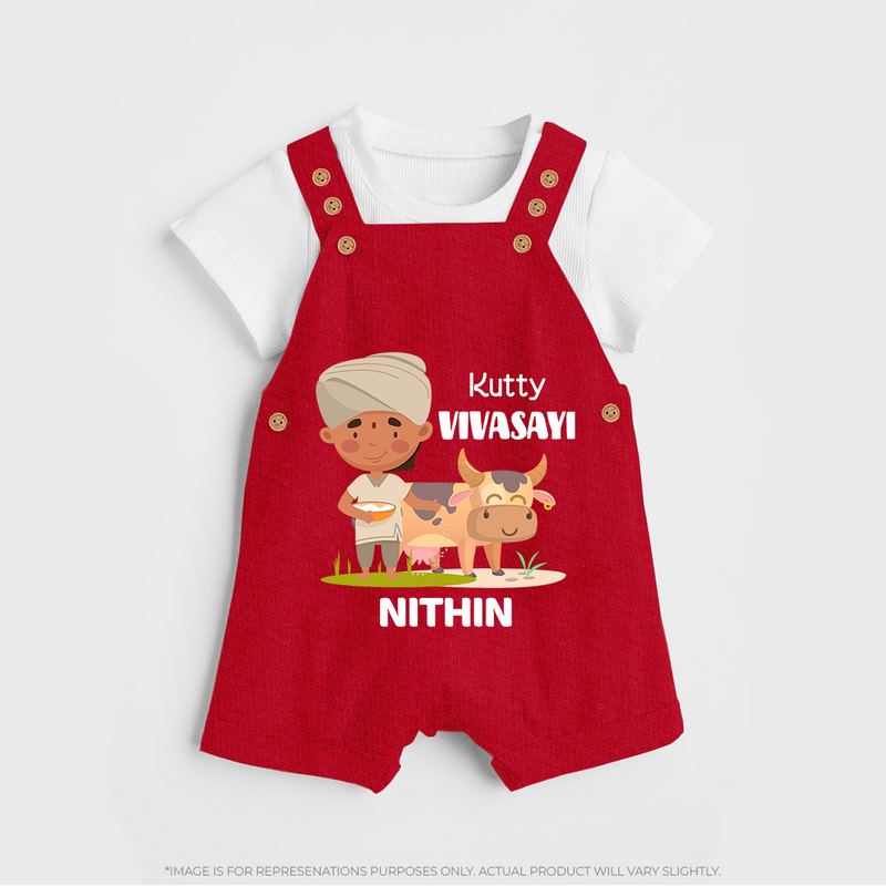 "Happy Mattu Pongal - Little Farmer-Themed Customized Dungaree Set for Kids with Name" - RED - 0 - 5 Months Old (Chest 18")