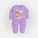 "Happy Mattu Pongal - Little Farmer-Themed Customized Sleep Suit for Babies with Name" - LILAC - New Born (Chest 7.5")