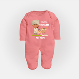 "Happy Mattu Pongal - Little Farmer-Themed Customized Sleep Suit for Babies with Name" - PEACH - New Born (Chest 7.5")