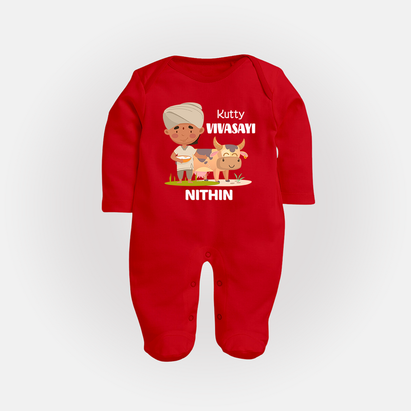 "Happy Mattu Pongal - Little Farmer-Themed Customized Sleep Suit for Babies with Name" - RED - New Born (Chest 7.5")