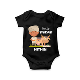 "Happy Mattu Pongal - Little Farmer-Themed Customized Romper for Babies with Name" - BLACK - 0 - 3 Months Old (Chest 16")