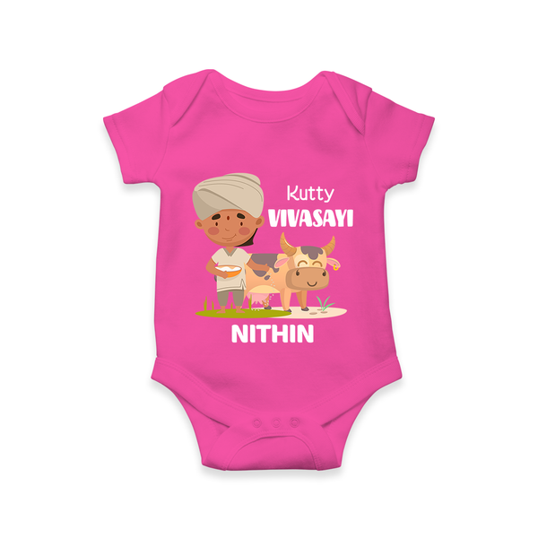 "Happy Mattu Pongal - Little Farmer-Themed Customized Romper for Babies with Name" - HOT PINK - 0 - 3 Months Old (Chest 16")