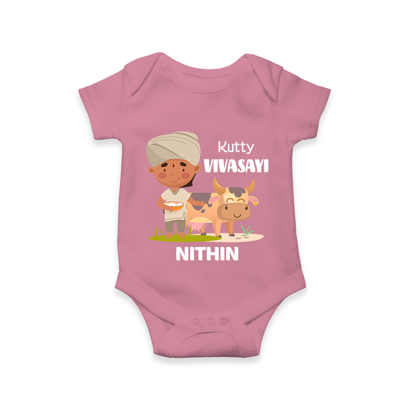 "Happy Mattu Pongal - Little Farmer-Themed Customized Romper for Babies with Name" - ONION - 0 - 3 Months Old (Chest 16")