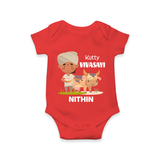 "Happy Mattu Pongal - Little Farmer-Themed Customized Romper for Babies with Name" - RED - 0 - 3 Months Old (Chest 16")