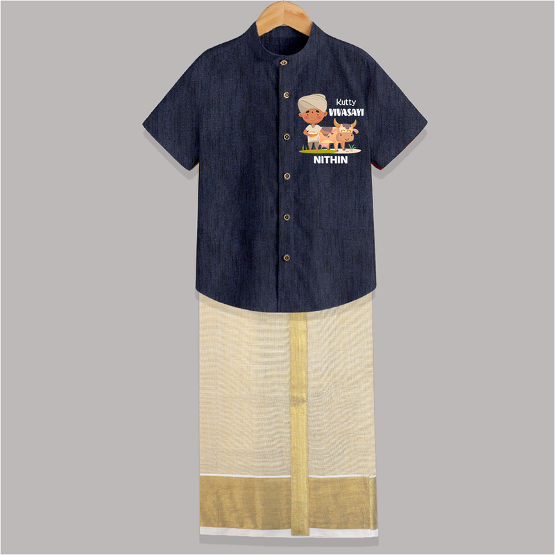 "Happy Mattu Pongal - Little Farmer Themed Customized Shirt and Dhoti for Boys with Name" - DARK BLUE - 0 - 6 Months Old (Chest-23") (Dhoti length-14")