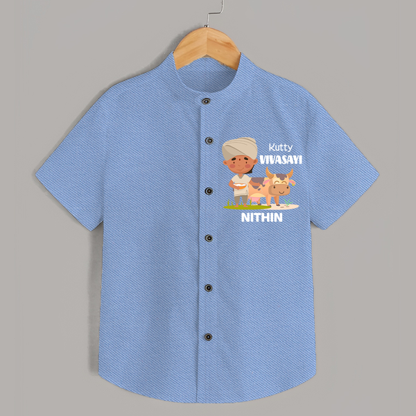 "Happy Mattu Pongal - Little Farmer Themed Customized Shirt for Boys with Name" - SKY BLUE - 0 - 6 Months Old (Chest 23")