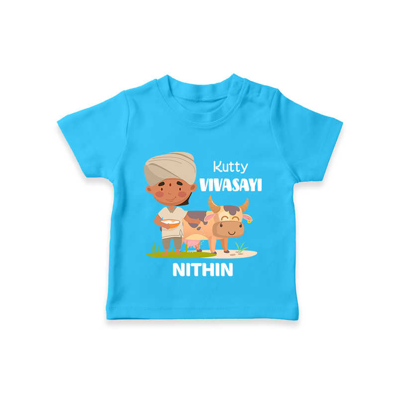 "Happy Mattu Pongal - Little Farmer-Themed Customized T-shirt for Kids with Name" - SKY BLUE - 0-5 Months Old (Chest 17")