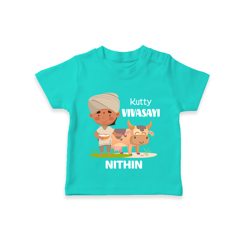 "Happy Mattu Pongal - Little Farmer-Themed Customized T-shirt for Kids with Name" - TEAL - 0-5 Months Old (Chest 17")