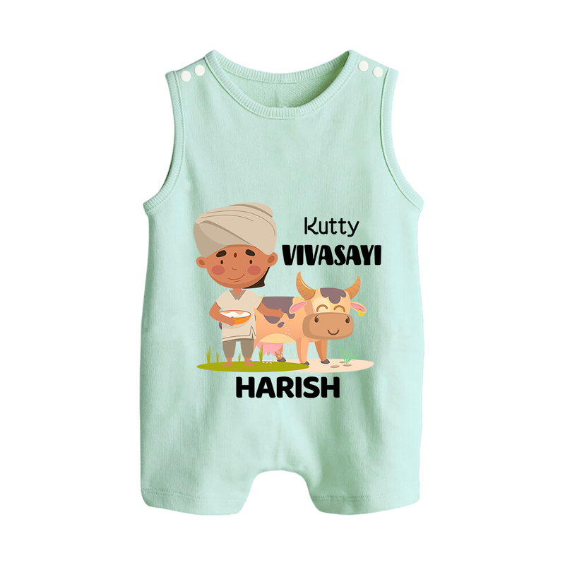 "Happy Mattu Pongal - Little Farmer-Themed Customized Romper Suit for Babies with Name" - MINT GREEN - 0 - 5 Months Old (Chest 18")