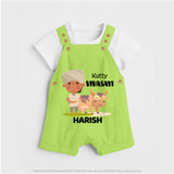 "Happy Mattu Pongal - Little Farmer-Themed Customized Dungaree Set for Kids with Name" - GREEN - 0 - 5 Months Old (Chest 18")