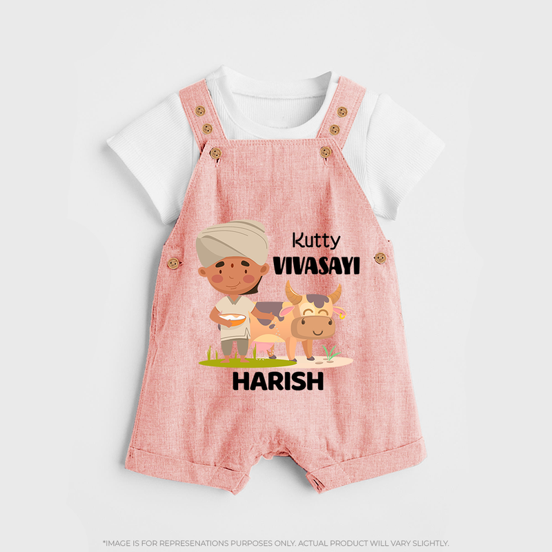 "Happy Mattu Pongal - Little Farmer-Themed Customized Dungaree Set for Kids with Name" - PEACH - 0 - 5 Months Old (Chest 18")