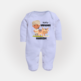 "Happy Mattu Pongal - Little Farmer-Themed Customized Sleep Suit for Babies with Name" - BABY BLUE - New Born (Chest 7.5")