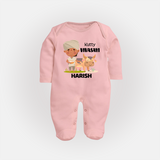 "Happy Mattu Pongal - Little Farmer-Themed Customized Sleep Suit for Babies with Name" - BABY PINK - New Born (Chest 7.5")