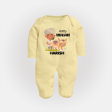 "Happy Mattu Pongal - Little Farmer-Themed Customized Sleep Suit for Babies with Name" - PASTEL YELLOW - New Born (Chest 7.5")