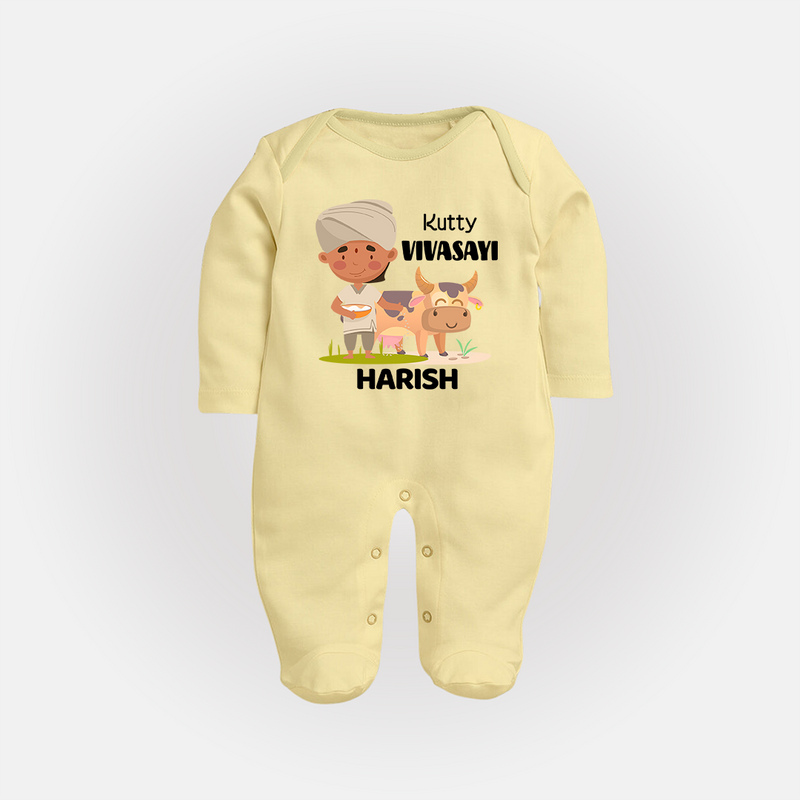 "Happy Mattu Pongal - Little Farmer-Themed Customized Sleep Suit for Babies with Name" - PASTEL YELLOW - New Born (Chest 7.5")