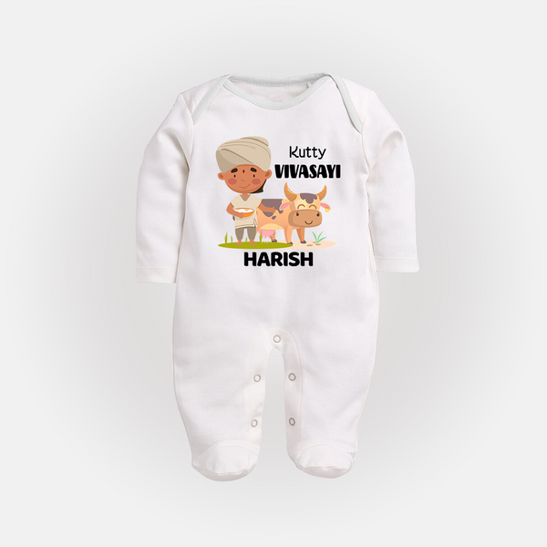 "Happy Mattu Pongal - Little Farmer-Themed Customized Sleep Suit for Babies with Name" - WHITE - New Born (Chest 7.5")