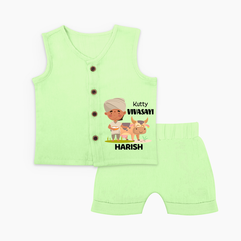 "Happy Mattu Pongal - Little Farmer Themed Customized Jabla Set For Babies With Name" - PASTEL GREEN - 0 - 3 Months Old (Chest 9.8")