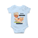 "Happy Mattu Pongal - Little Farmer-Themed Customized Romper for Babies with Name" - BABY BLUE - 0 - 3 Months Old (Chest 16")