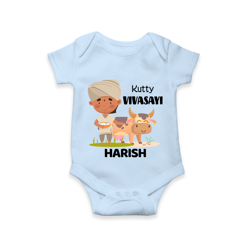 "Happy Mattu Pongal - Little Farmer-Themed Customized Romper for Babies with Name" - BABY BLUE - 0 - 3 Months Old (Chest 16")