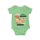 "Happy Mattu Pongal - Little Farmer-Themed Customized Romper for Babies with Name" - GREEN - 0 - 3 Months Old (Chest 16")