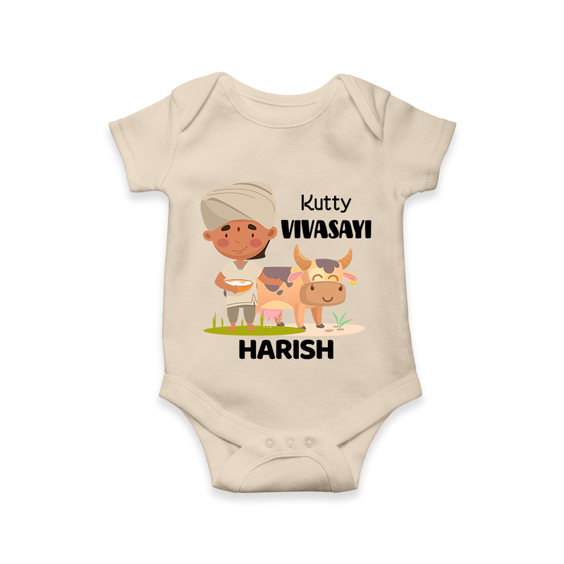 "Happy Mattu Pongal - Little Farmer-Themed Customized Romper for Babies with Name" - IVORY - 0 - 3 Months Old (Chest 16")