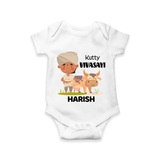 "Happy Mattu Pongal - Little Farmer-Themed Customized Romper for Babies with Name" - WHITE - 0 - 3 Months Old (Chest 16")