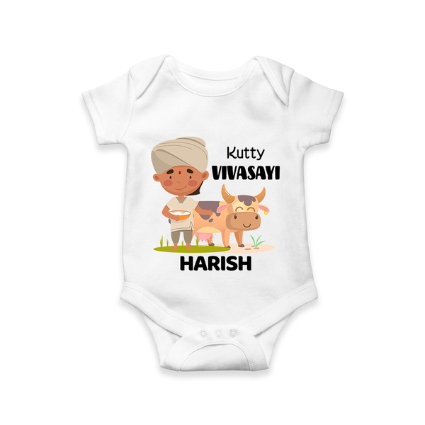 "Happy Mattu Pongal - Little Farmer-Themed Customized Romper for Babies with Name" - WHITE - 0 - 3 Months Old (Chest 16")